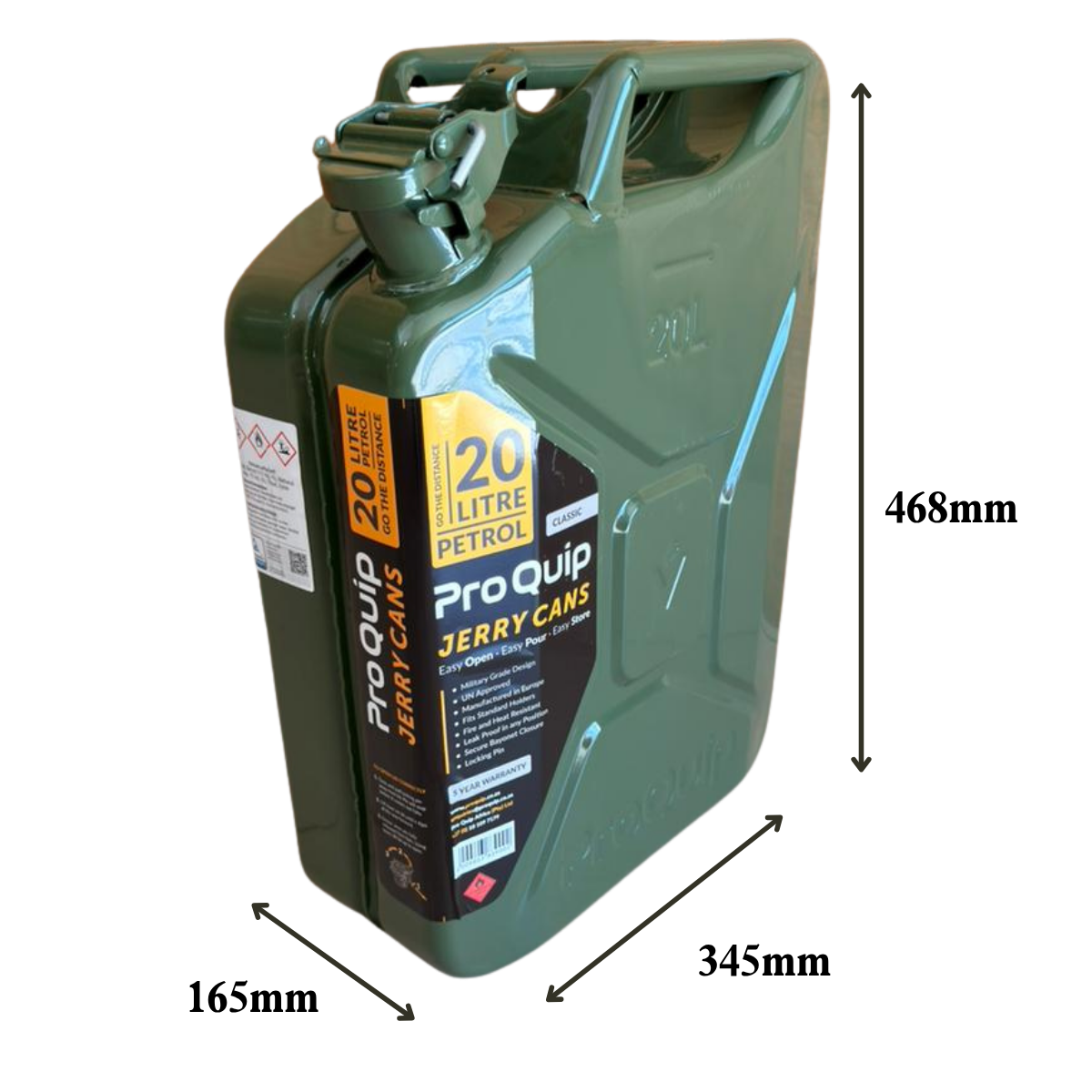 Pro Quip Metal Jerry Can for Petrol, 20L Green